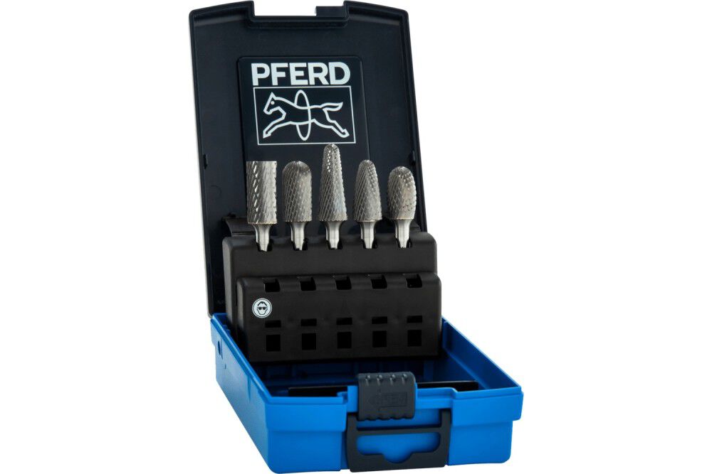 Pferd Carbide Burr Set 5 Piece Diamond Cut 1/4 Inch Shank Plastic Case, large image number 1