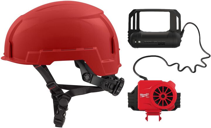 Milwaukee BOLT Red Helmet Class E & USB Cooling Fan Bundle