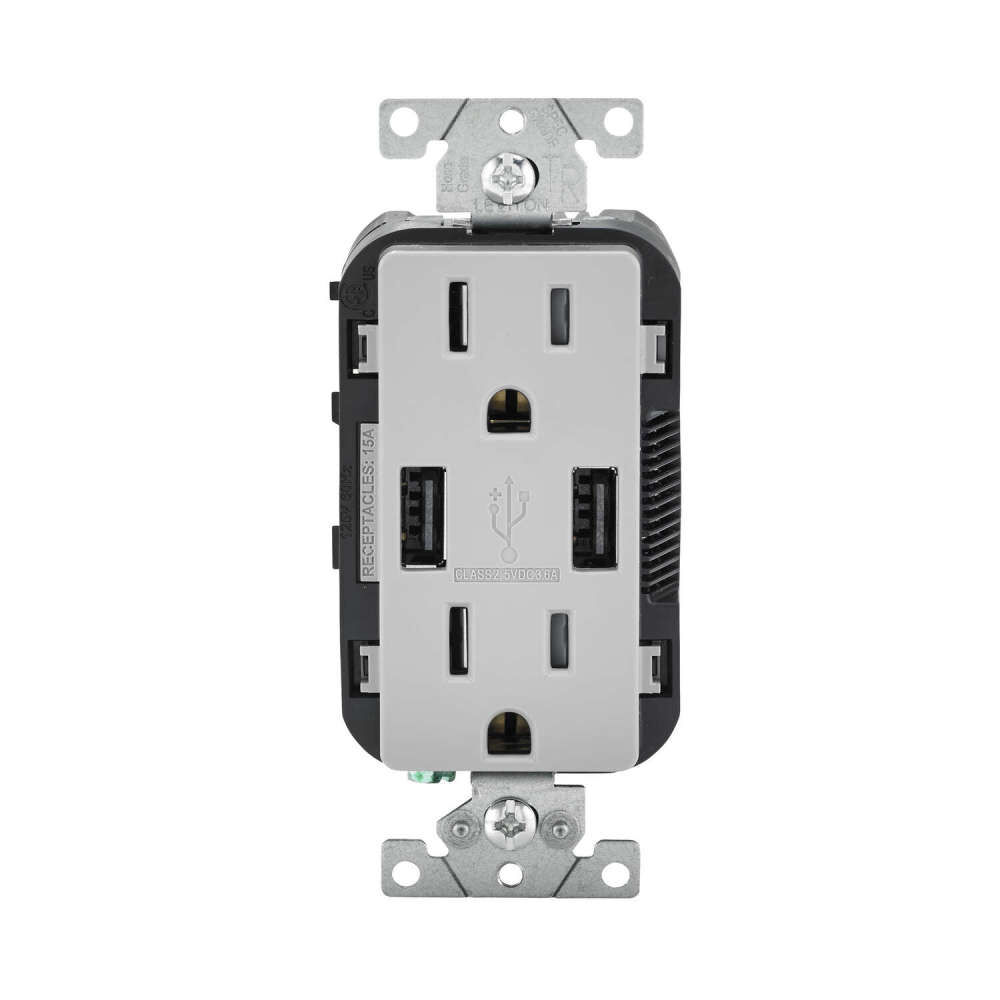 Leviton Decora 15A 125V Gray NEMA 5-15R Outlet & USB Charger, large image number 1