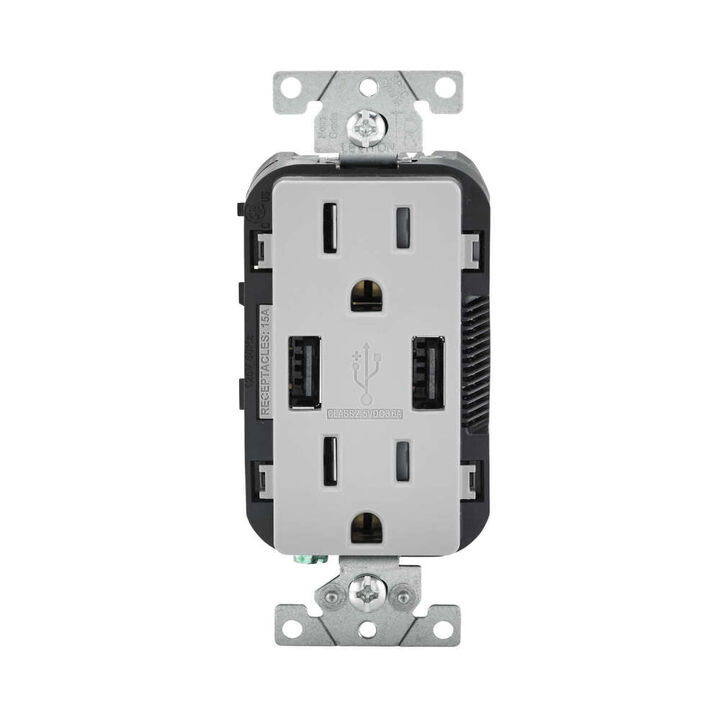Leviton Decora 15A 125V Gray NEMA 5-15R Outlet & USB Charger