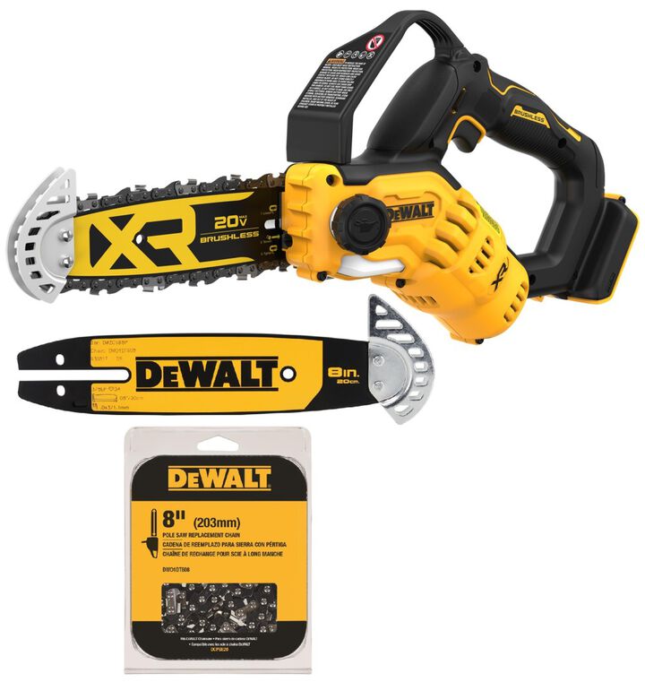 DEWALT 20V Max 8 Inch Brushless Pruning Chainsaw (Tool Only) Replacement Bar with Tip Guard & Replacement Saw Chain Bundle