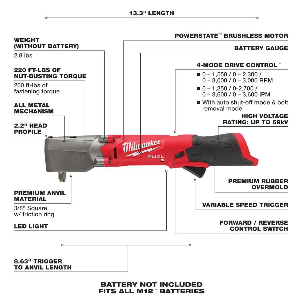Milwaukee M12 FUEL 3/8inch Right Angle Impact Wrench (Bare Tool) Reconditioned, large image number 7