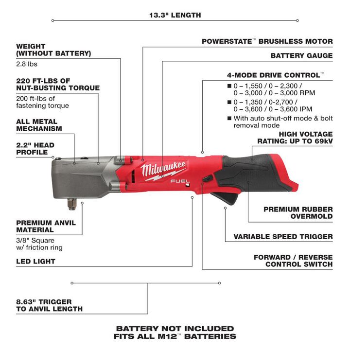 Milwaukee M12 FUEL 3/8inch Right Angle Impact Wrench (Bare Tool) Reconditioned, large image number 6