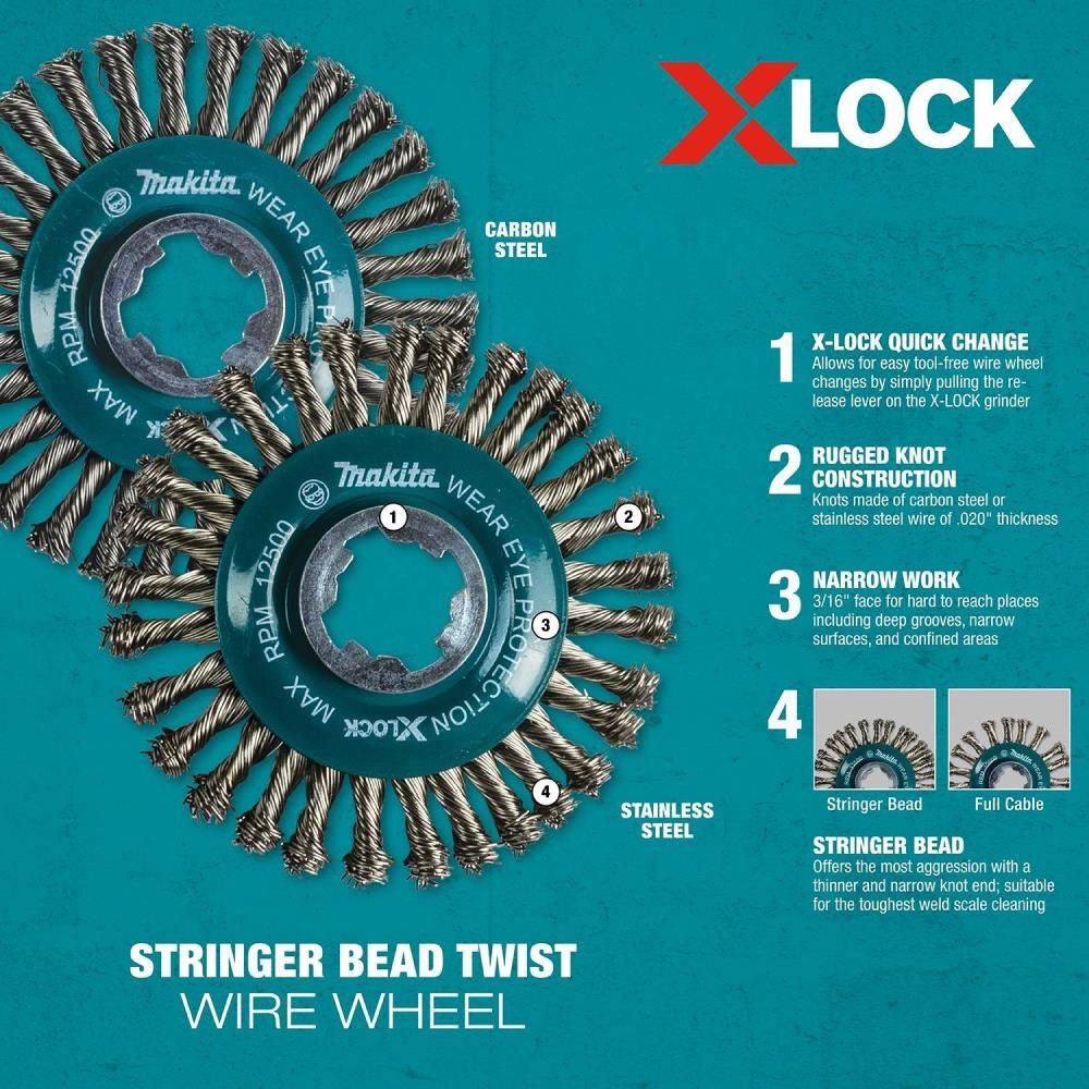 Makita X-LOCK 4-1/2in Stainless Steel Stringer Bead Twist Wire Wheel, large image number 9