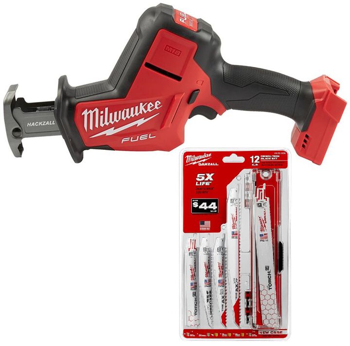 Milwaukee M18 FUEL HACKZALL Reciprocating Saw (Bare Tool) & 12-Piece SAWZALL Blade Set Bundle
