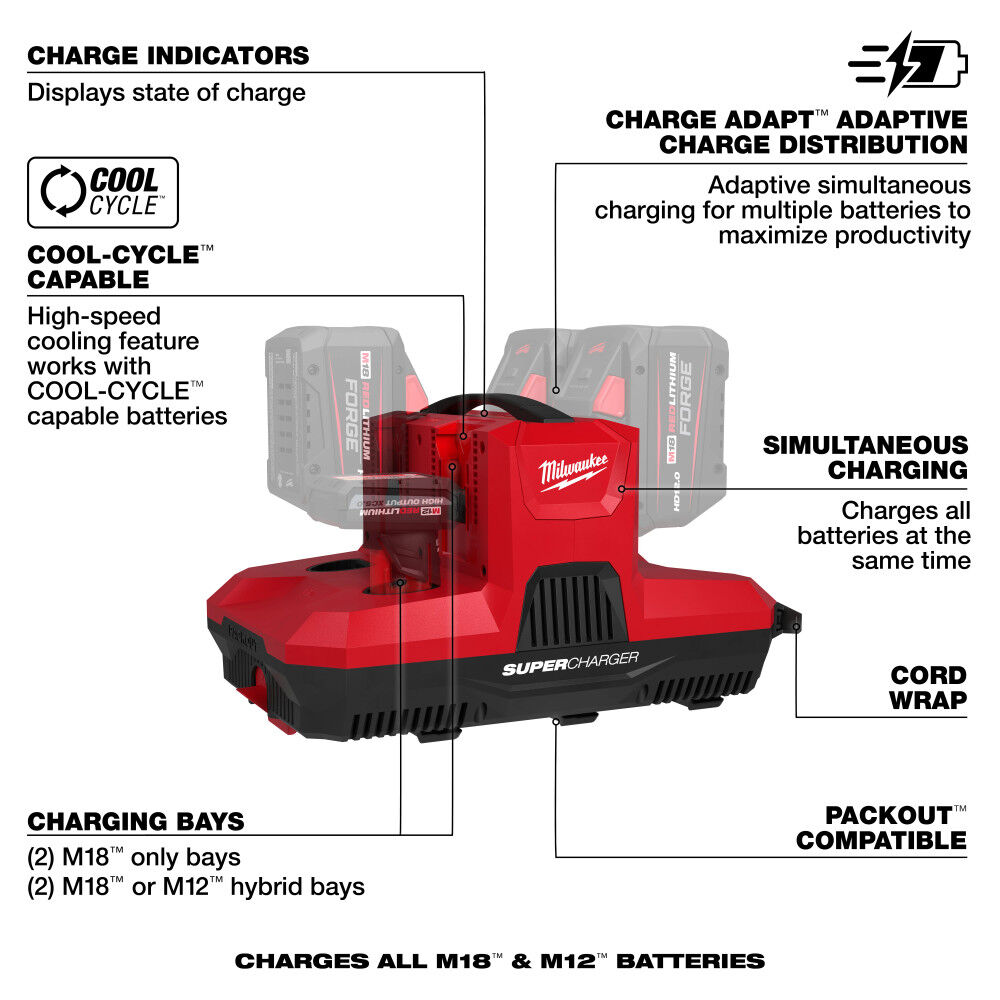 Milwaukee M18 and M12 4-Bay Super Charger with PACKOUT Compatibility, large image number 8