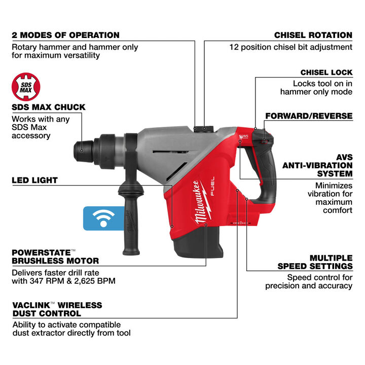 Milwaukee M18 FUEL 1-3/4 Inch SDS MAX Rotary Hammer with ONE-KEY (Bare Tool), large image number 2