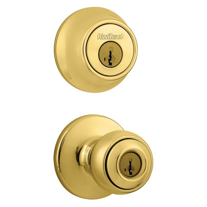 Kwikset Polished Brass Polo Door Knob & Single Cylinder Deadbolt Set