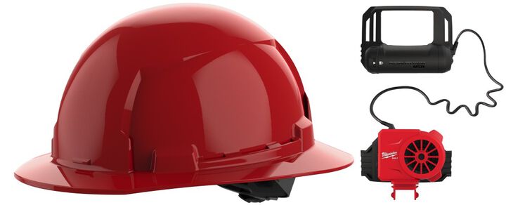 Milwaukee BOLT Red Full Brim Hard Hat with 4pt Ratcheting Suspension Type 1 Class E & USB Cooling Fan Bundle