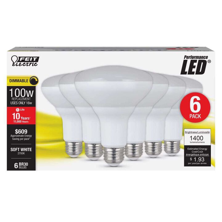 Feit Electric 16W 1400 Lumens BR30 E26 Base Reflector LED Bulb Soft White 6 Pieces