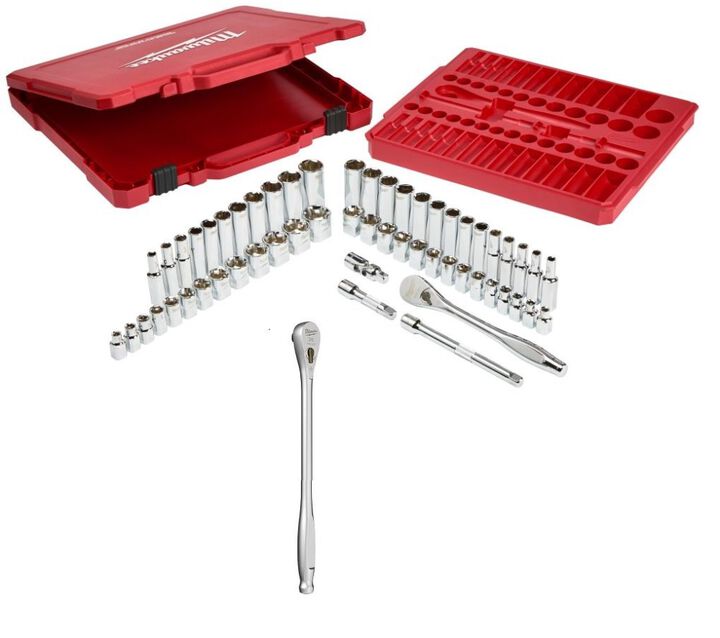 Milwaukee 3/8inch Drive 56pc Tool Set SAE/Metric with 12inch Ratchet Bundle