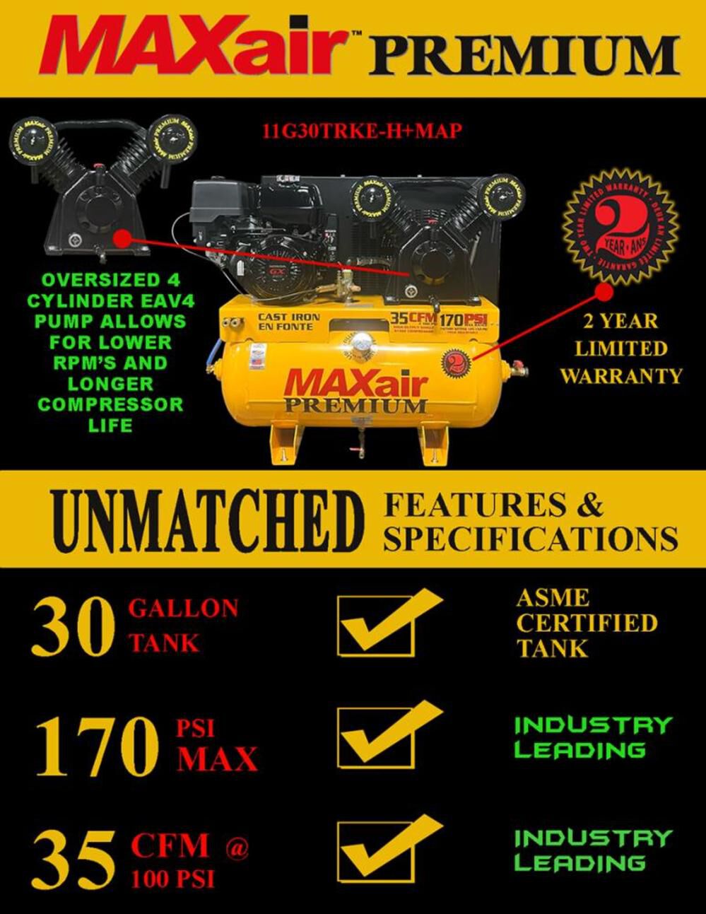 MAXair Air Compressor 13 HP 30 Gallon Gasoline Truck Mount, large image number 2