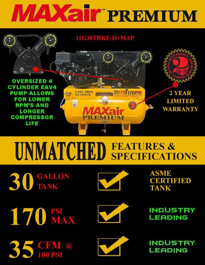 MAXair Air Compressor 13 HP 30 Gallon Gasoline Truck Mount, large image number 1