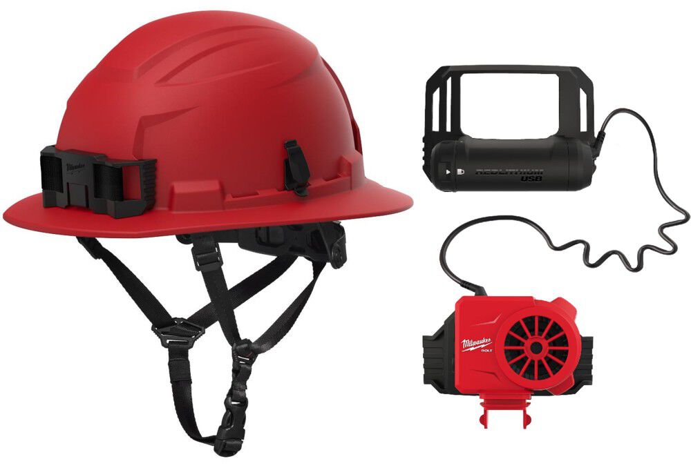 Milwaukee BOLT Red Full Brim Safety Helmet Type 2 Class E & USB Cooling Fan, large image number 1