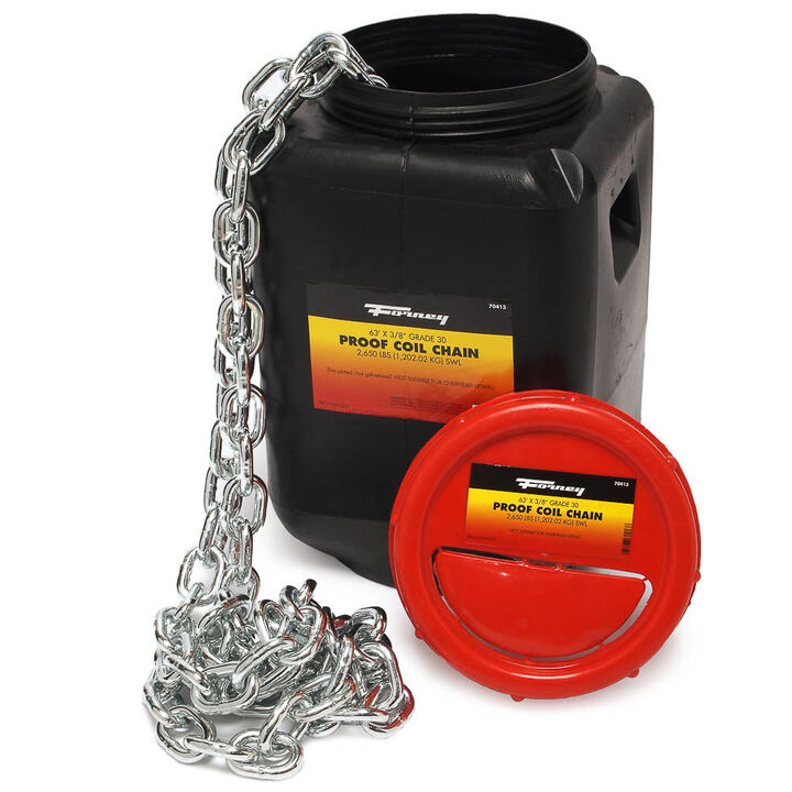 Forney Industries Bucket of Chain, Grade 30 (G30) Proof Coil Chain, Zinc-Plated, 3/8 Inch x 63 Ft. (DOT Approved Tow Chain)