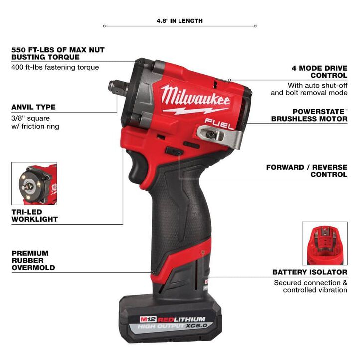 Milwaukee Stubby 3/8 In. Impact Wrench, 4 & 2Ah Battery Starter Kit Bundle, large image number 6