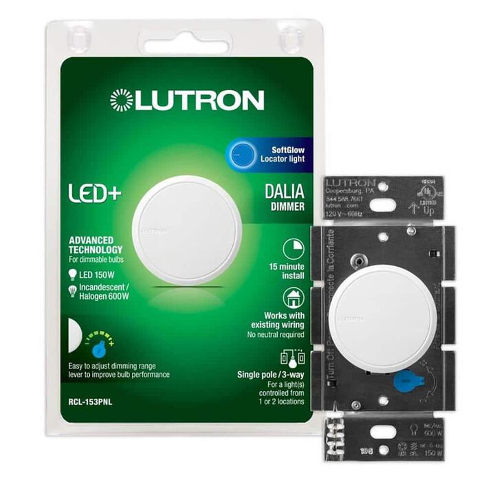 Lutron Dalia LED+ 120V 150W 1P Gloss White Rotary Light Dimmer Switch, large image number 3