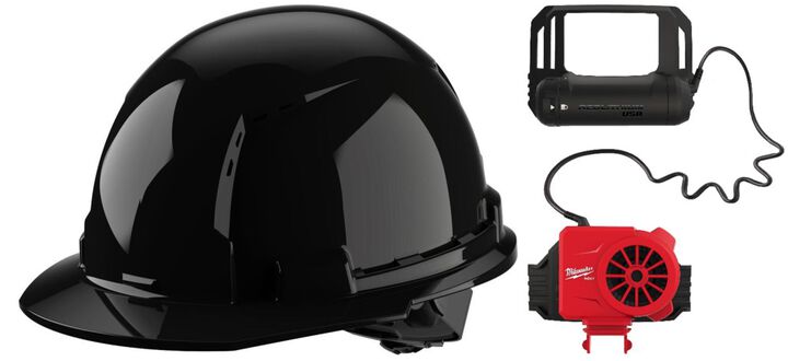 Milwaukee Black Front Brim Vented Hard Hat with 4pt Ratcheting Suspension Type 1 Class C & BOLT Cooling Fan Bundle