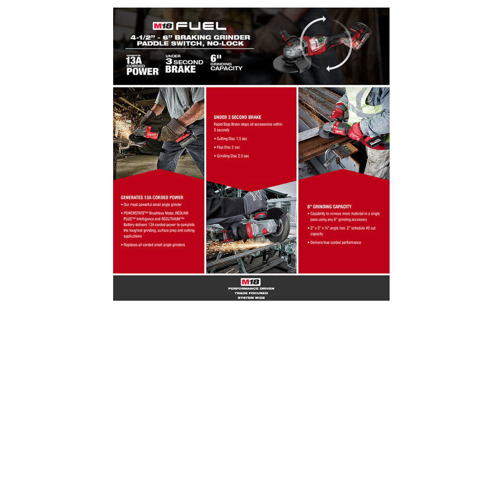 Milwaukee M18 FUEL 4 1/2inch-6inch Grinder No Lock Braking Paddle Switch (Bare Tool) Reconditioned, large image number 8