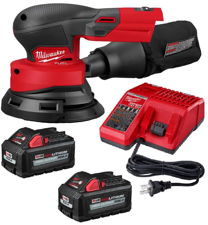 Milwaukee M18 FUEL 5 Inch Random Orbital Sander & M18 REDLITHIUM HIGHOUTPUT 6.0 Starter Kit with Battery & Charger Bundle