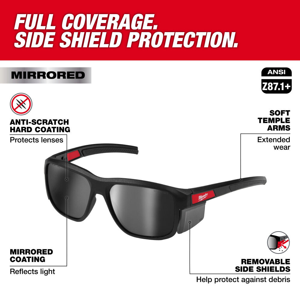 Milwaukee Full Frame Safety Glasses with Removable Side Shields Silver Mirrored Anti-Scratch Lenses, large image number 2