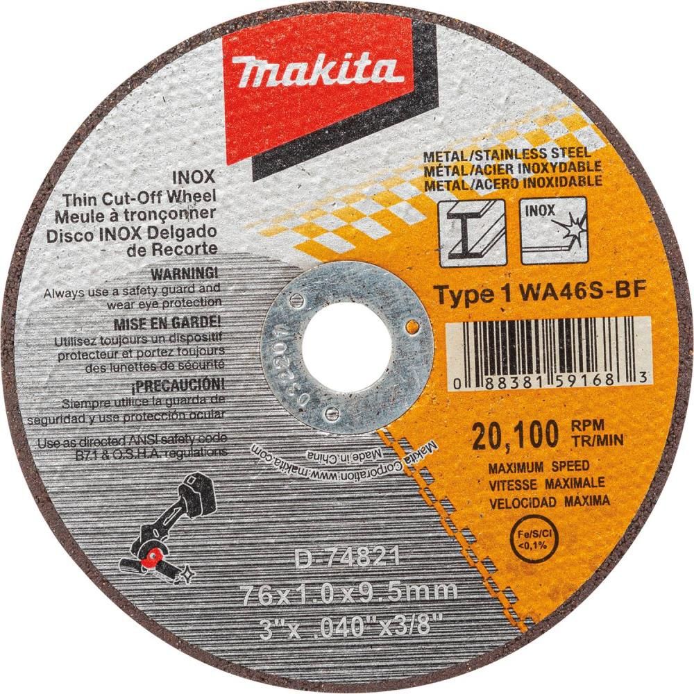 Makita 3" x .040" x 3/8" Type 1 General Purpose 46 Grit Thin CutOff Wheel for Metal and Stainless Steel Cutting, 5/pk, large image number 2