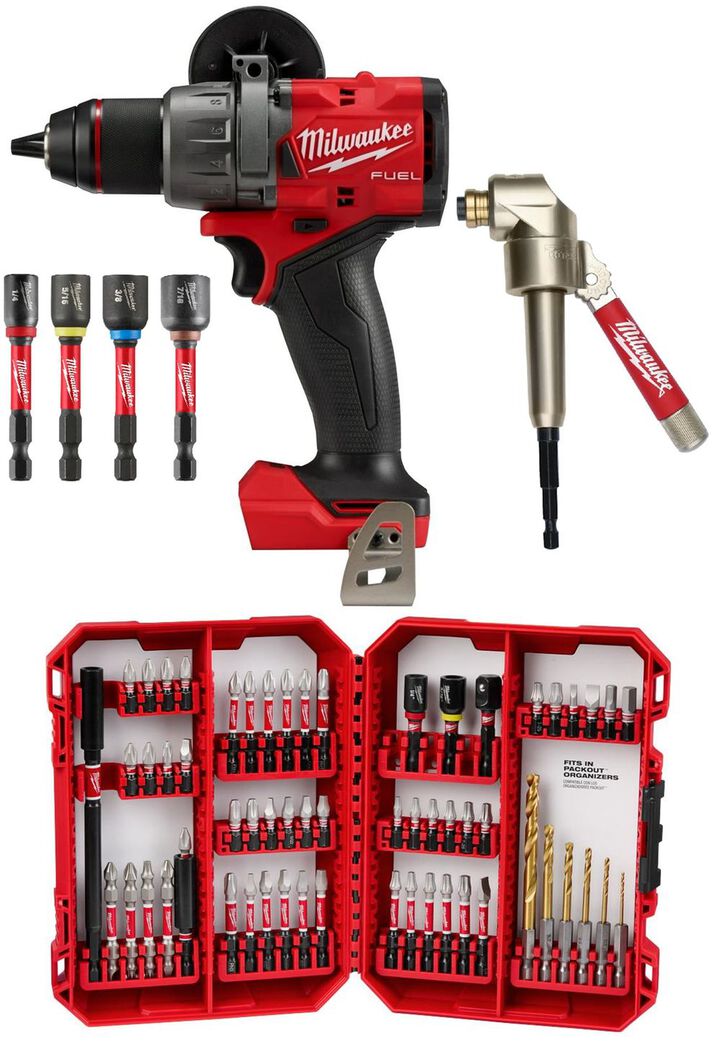 Milwaukee M18 FUEL 1/2 Inch Drill Driver (Bare Tool) Right Angle Attachment 60pc SHOCKWAVE Impact Duty Drill & Drive Set & 4pc Magnetic Nut Driver Set
