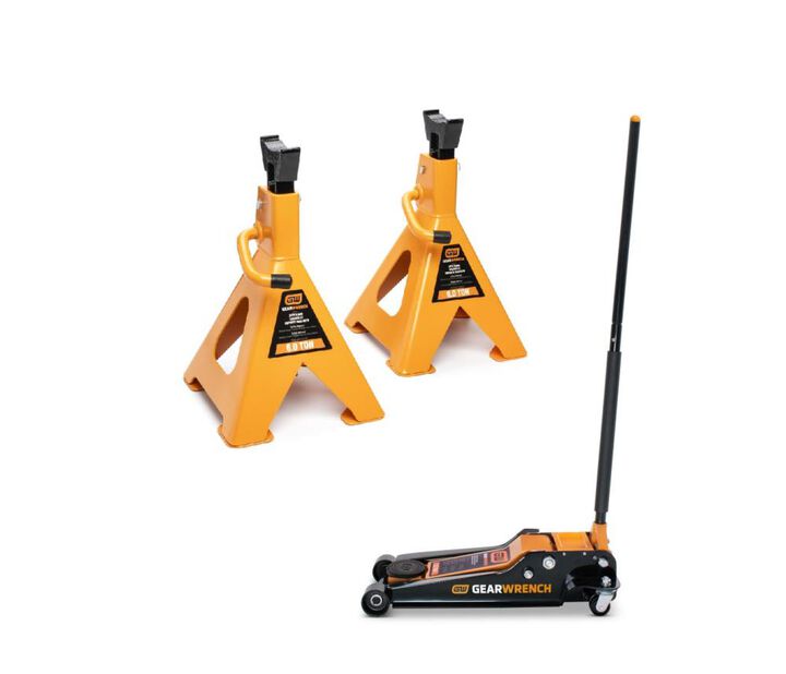 GEARWRENCH 3.5 Ton Low Profile Floor Jack & 6 Ton Ratcheting Jack Stand 2 Pack Bundle