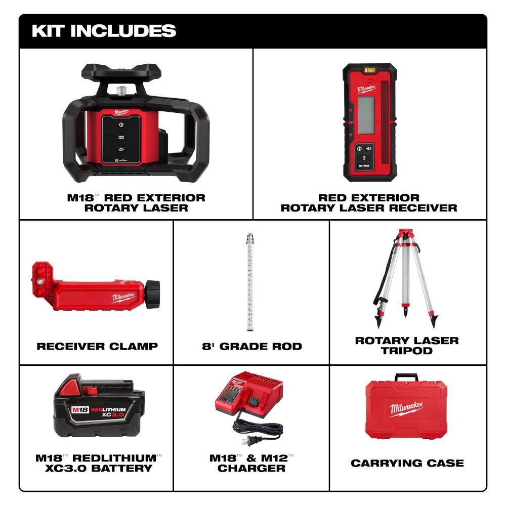 Milwaukee M18 Red Exterior Rotary Laser Level Kit with Receiver, Tripod, & Grade Rod, large image number 3
