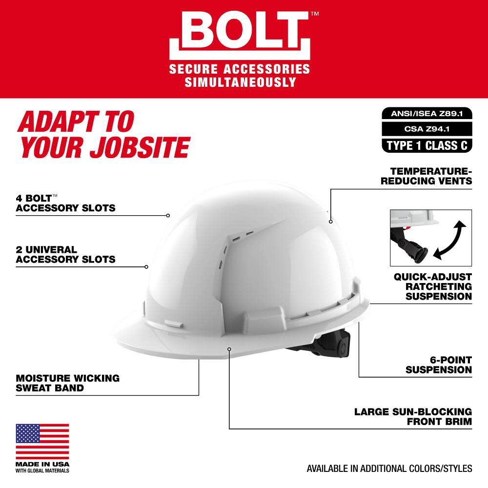 Milwaukee White Front Brim Vented Hard Hat with 6pt Ratcheting Suspension Type 1 Class C, large image number 3