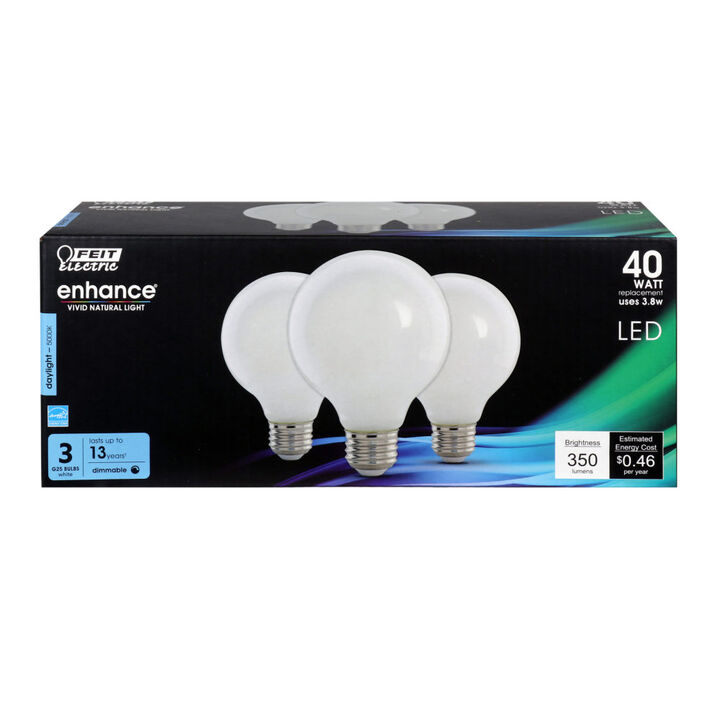 Feit Electric 40W G25 5000K Filament LED Bulb 3pk, large image number 1