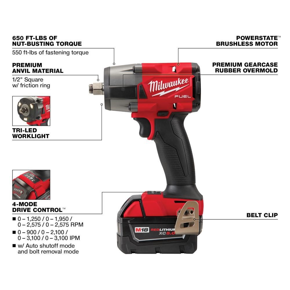 Milwaukee M18 FUEL 1/2 Inch Mid-Torque Impact Wrench with Friction Ring Kit & Protective Boot Bundle, large image number 4