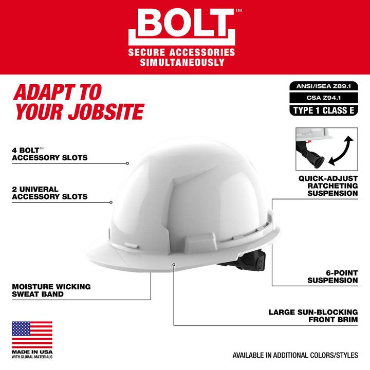 Milwaukee White Front Brim Hard Hat with 6pt Ratcheting Suspension Type 1 Class E & BOLT USB Cooling Fan Bundle, large image number 2