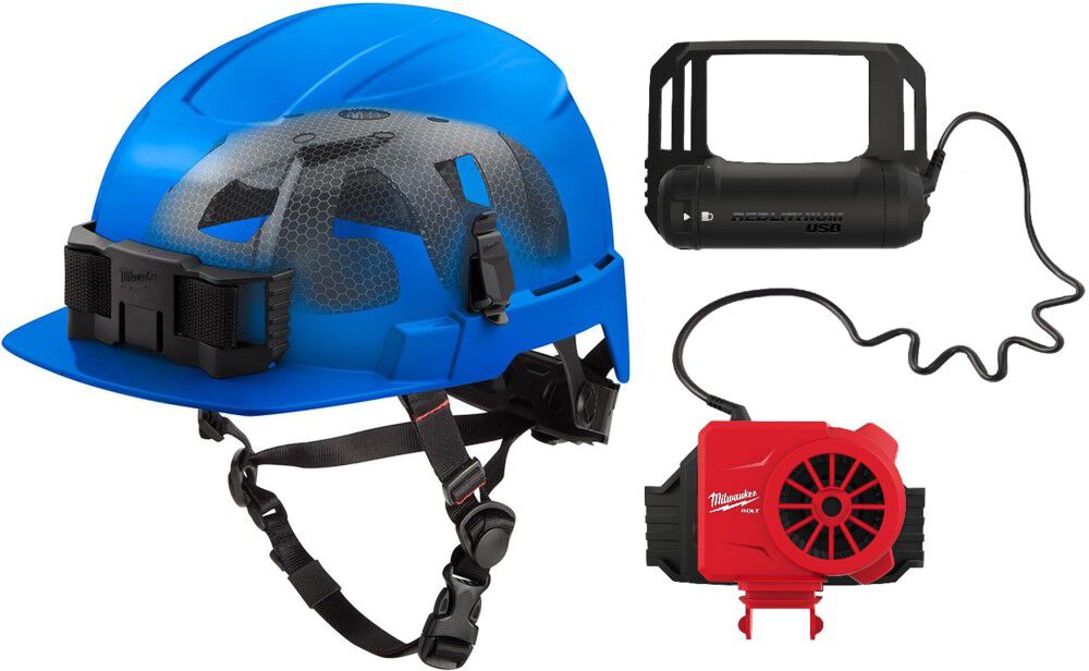 Milwaukee BOLT Blue Front Brim Safety Helmet with IMPACT ARMOR Liner Type 2 Class E & USB Cooling Fan Bundle, large image number 1