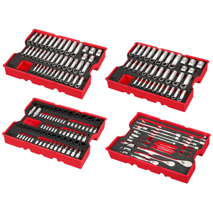 Milwaukee 1/4 Inch, 3/8 Inch, and 1/2 Inch Drive Metric and SAE Ratchet and Socket Set with Trays for PACKOUT Drawers, 242 Pieces