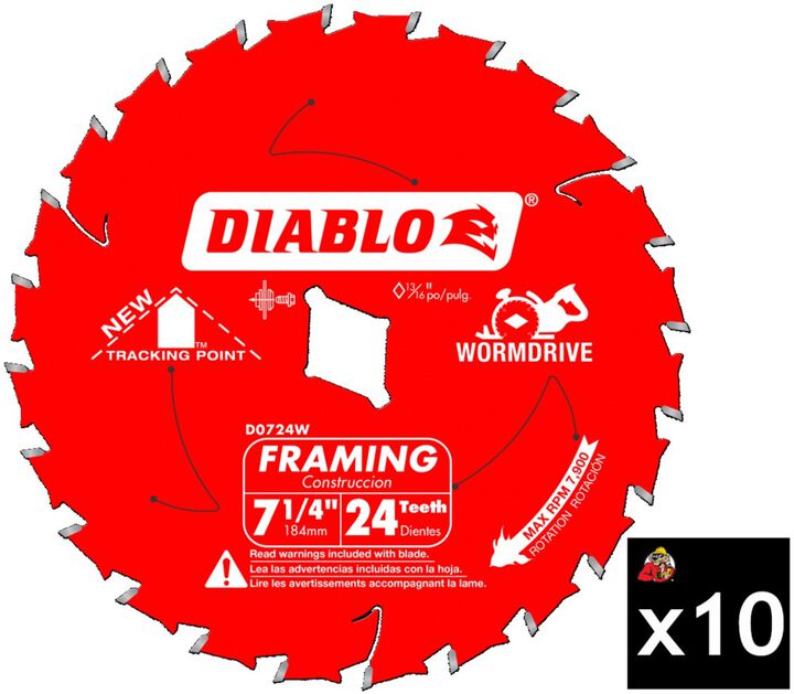 Diablo Tools 7-1/4 inch x 24 Tooth ATB Framing Wormdrive Circular Saw Blade with Diamond Arbor 10 Pack