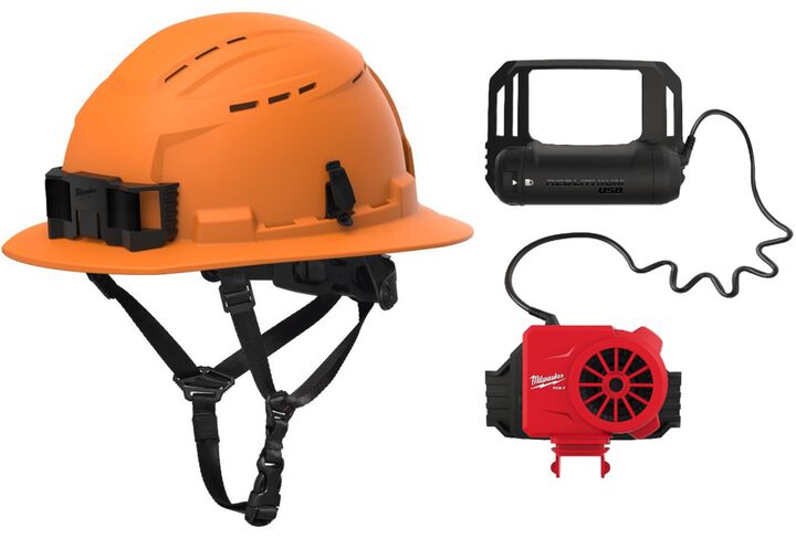 Milwaukee BOLT Orange Full Brim Vented Safety Helmet Type 2 Class C & Cooling Fan Bundle
