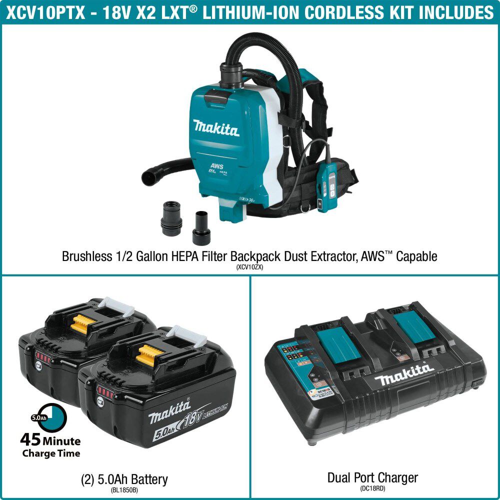 Makita 18V X2 (36V) LXT 1/2 Gallon HEPA Backpack Dry Dust Extractor Kit, large image number 14