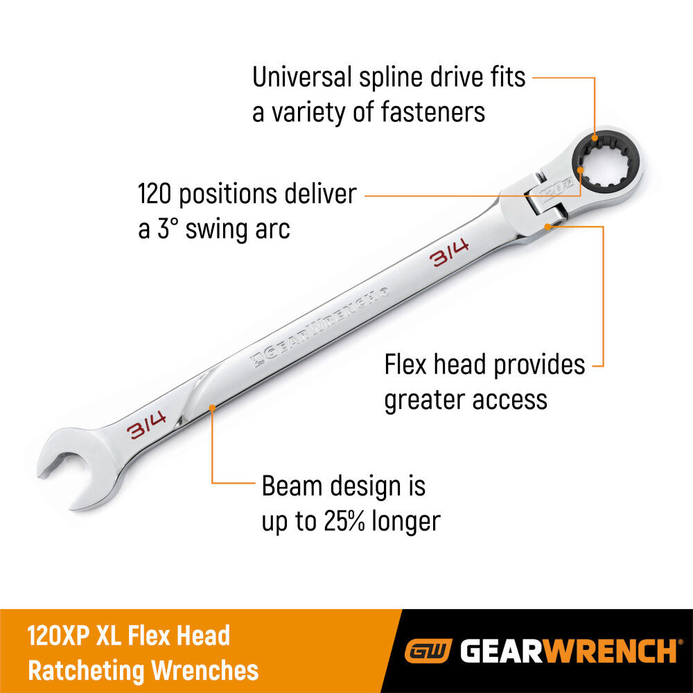 GEARWRENCH 120XP Universal Spline XL Flex Head Ratcheting Combination Wrench, 17mm, large image number 3