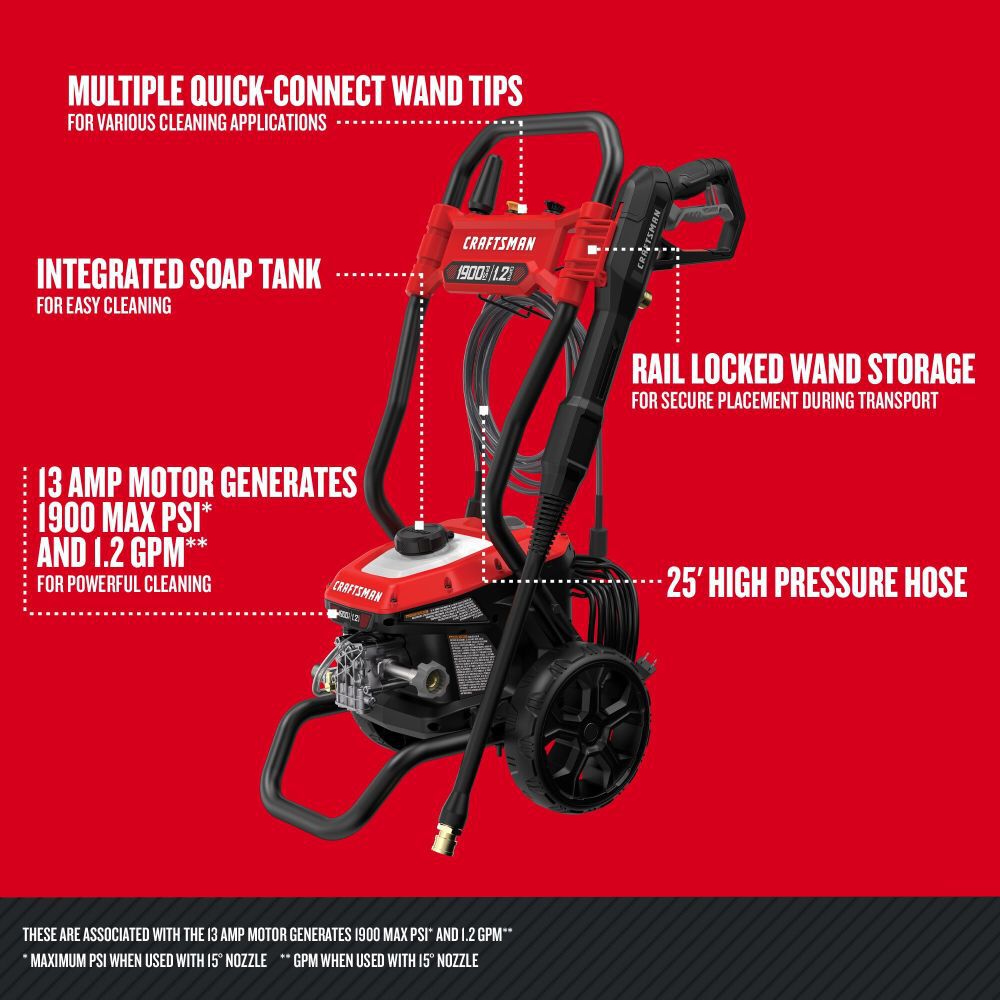 CRAFTSMAN 1900 PSI 1.2 GPM Electric Cold Water Pressure Washer with 3 Spray Nozzles, large image number 4