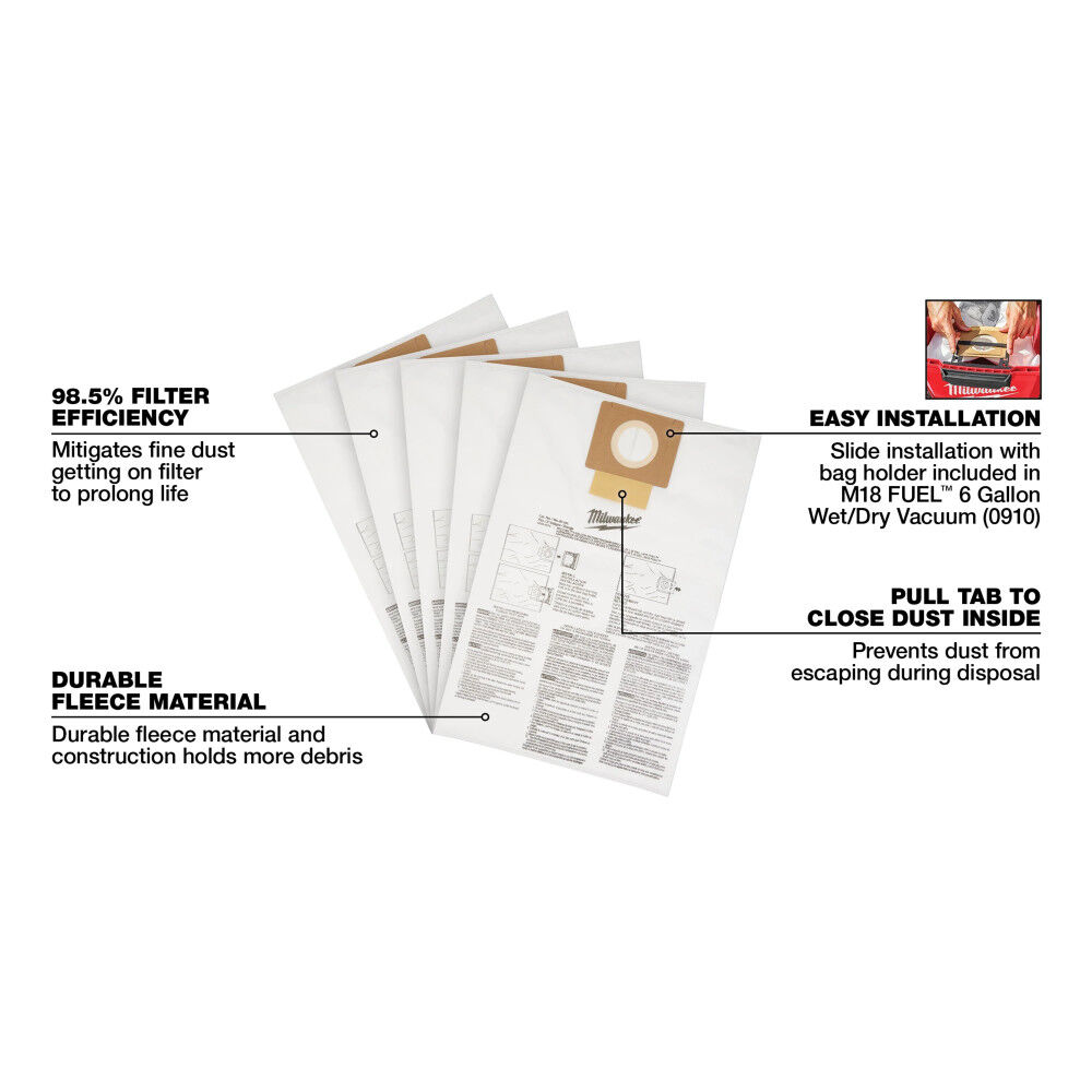 Milwaukee Fleece Dust Bags 6 Gallon 5pk, large image number 6