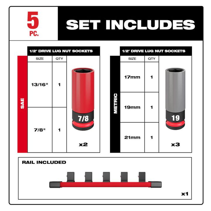 Milwaukee SHOCKWAVE Impact Duty Socket 1/2 Drive SAE & Metric 5PC Lug Nut Wheel Set, large image number 3