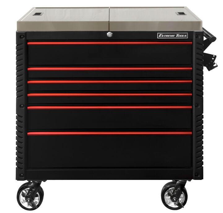 Extreme Tools EX Tool Cart Series 41 Inch W x 26 Inch D 6 Drawer Stainless Steel Sliding Top Tool Cart with Bumpers Black with Red Drawer Pulls