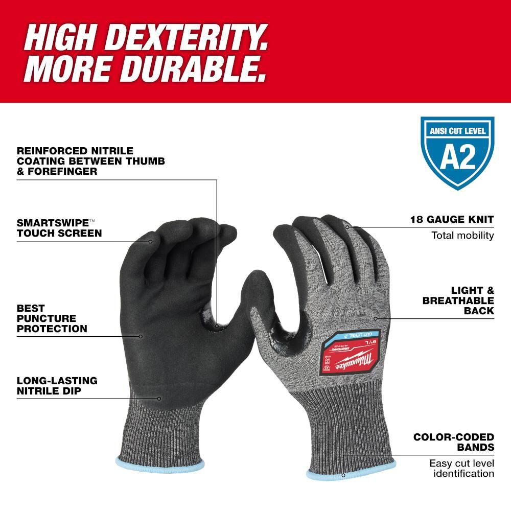 Milwaukee Cut Level 2 High-Dexterity Nitrile Dipped Gloves - XXL, large image number 2