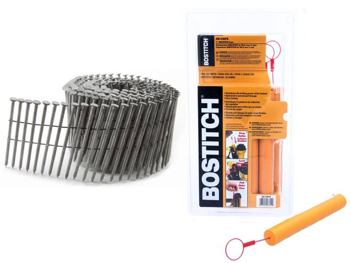Acme Tools B&C Eagle 2-3/16 Inch x .090 Wire Collated Hot Dipped Galvanized Ring Shank Coil Siding Nails & Bostitch 6,000 Piece Stapler And Nailer Caps Bundle