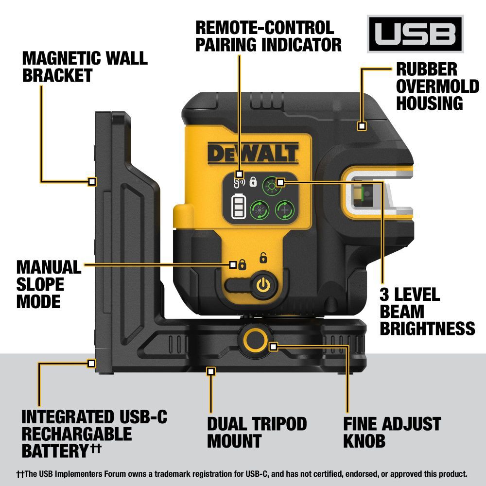 DEWALT USB Rechargeable Green 2 Spot & Cross Line Laser Base Kit, large image number 2