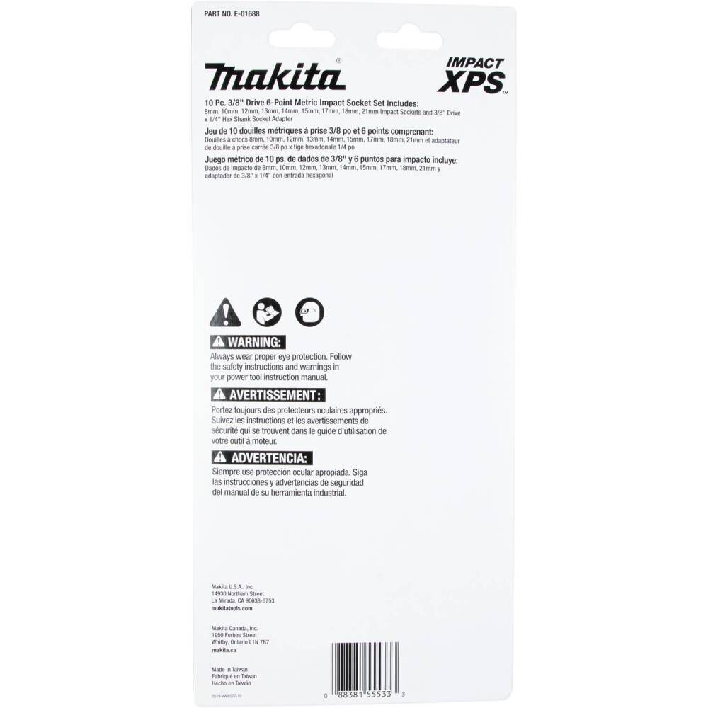 Makita Impact XPS 10 Piece 3/8 Inch Drive 6-Point Metric Impact Socket Set with Standard Socket Adapter, large image number 3