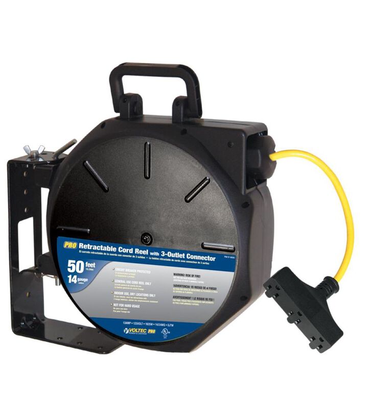 Voltec 50 Ft. 12/3 SJTW Triple Tap Retractable Reel