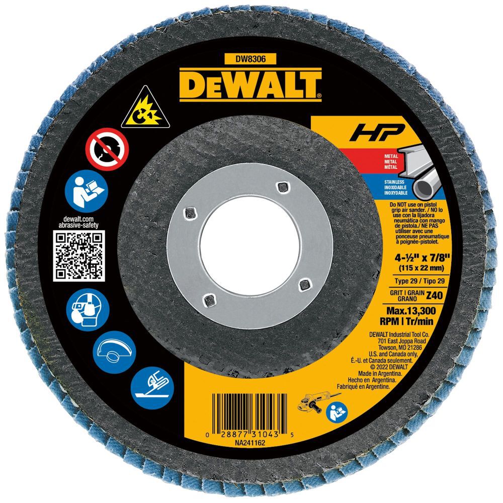 DEWALT 4-1/2 Inch x 7/8 Inch 40 Grit Zirconia Flap Disc, large image number 1
