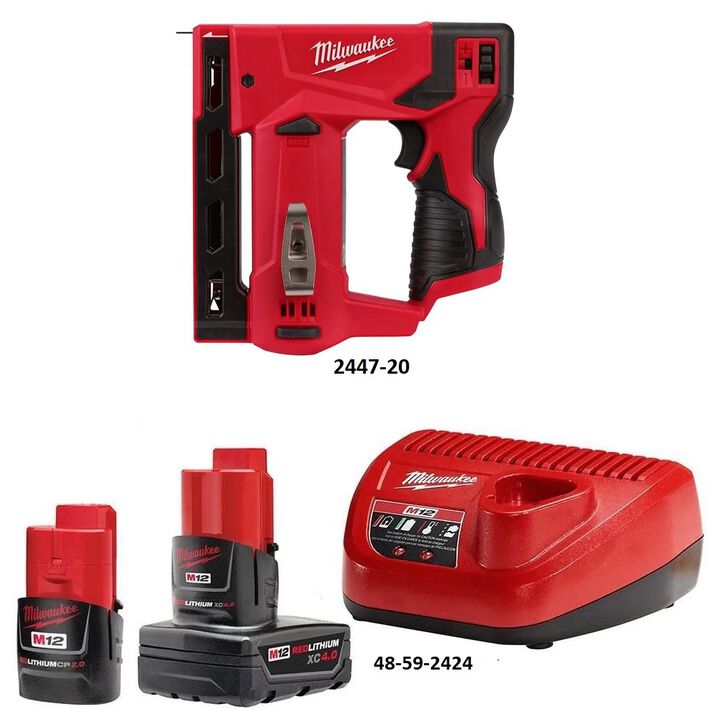 Milwaukee M12 3/8 Inch Crown Stapler (Bare Tool) CP 2Ah & XC 4Ah Starter Kit Bundle, large image number 4